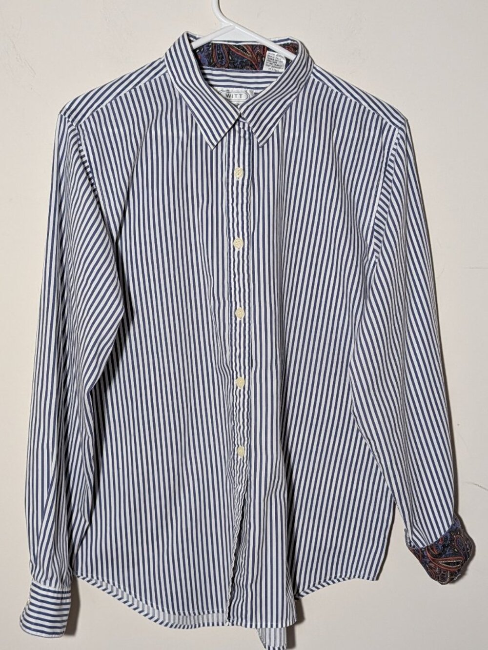 Vtg Witt Navy Blue White Stripes Flip Contrast Cuff Shirt Sz 14